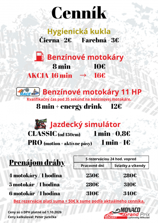 Cenník motokár